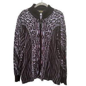 Bob Mackie Full Zip Purple Patterned Sweater Jacket Artsy Fall Sz L Colorful